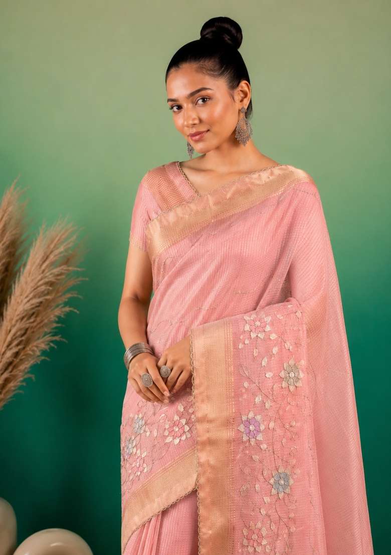 Peach Embroidered Linen Saree Set - Indya