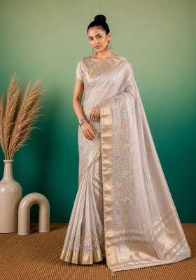 Grey Embroidered Linen Saree Set for Diwali and Festive Wear