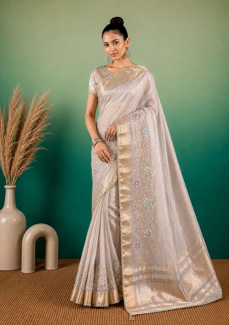 Grey Embroidered Linen Saree Set for Diwali and Festive Wear - Indya