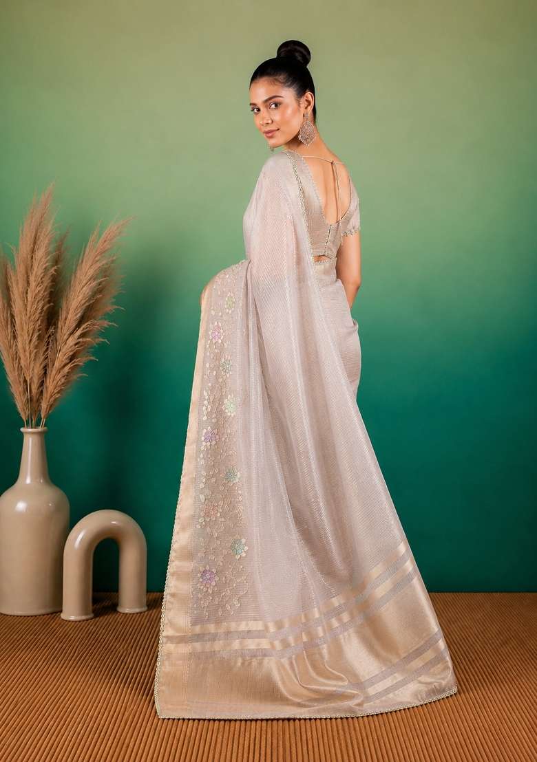 Grey Embroidered Linen Saree Set for Diwali and Festive Wear - Indya