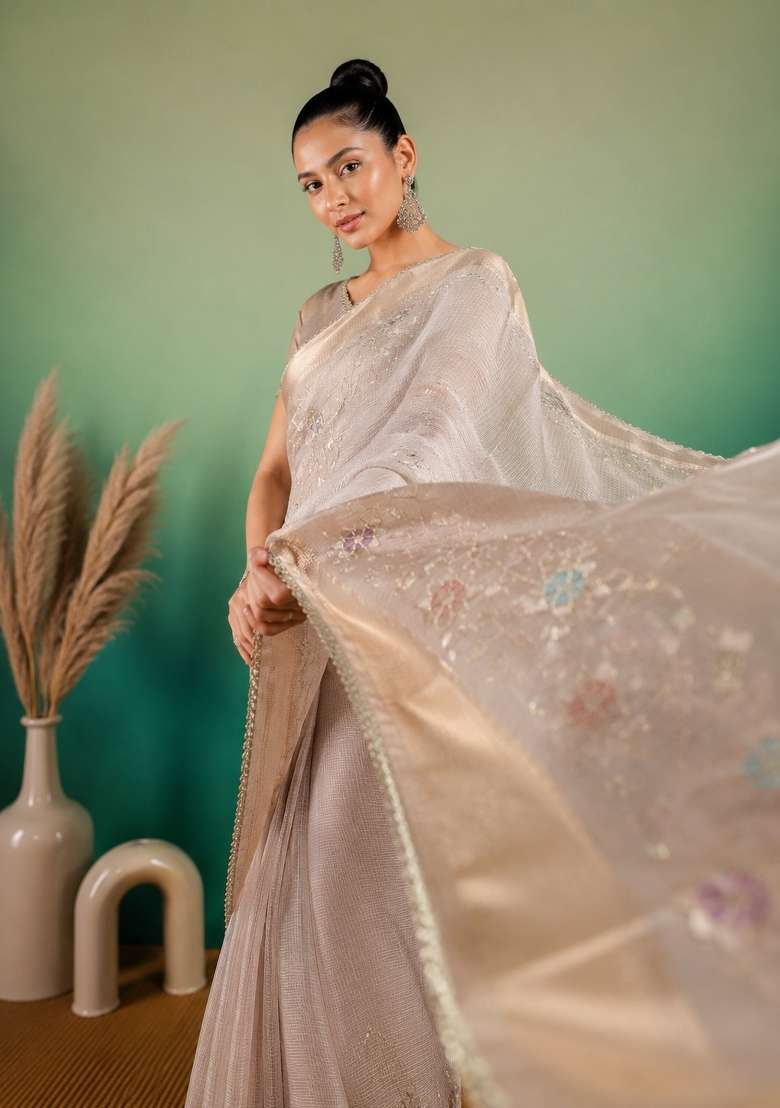 Grey Embroidered Linen Saree Set for Diwali and Festive Wear - Indya