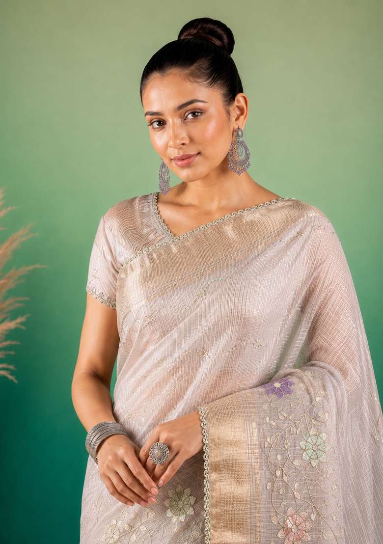 Grey Embroidered Linen Saree Set for Diwali and Festive Wear - Indya