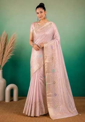Light Pink Embroidered Linen Saree Set for Diwali and Festive Wear