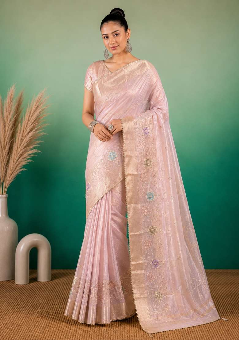 Light Pink Embroidered Linen Saree Set for Diwali and Festive Wear - Indya