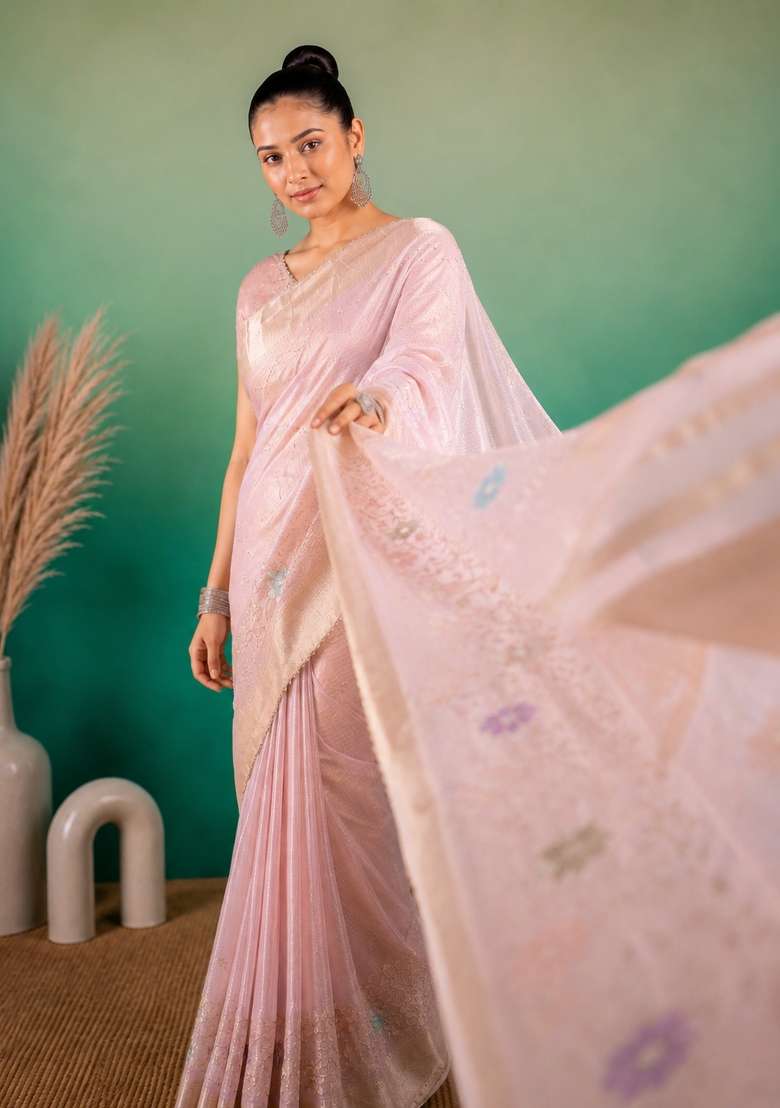 Light Pink Embroidered Linen Saree Set for Diwali and Festive Wear - Indya