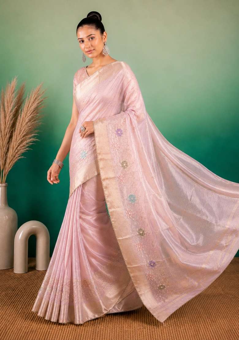 Light Pink Embroidered Linen Saree Set for Diwali and Festive Wear - Indya