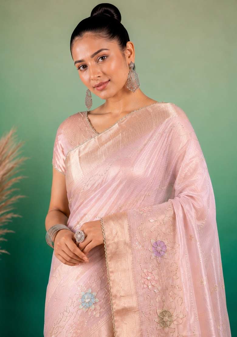 Light Pink Embroidered Linen Saree Set for Diwali and Festive Wear - Indya