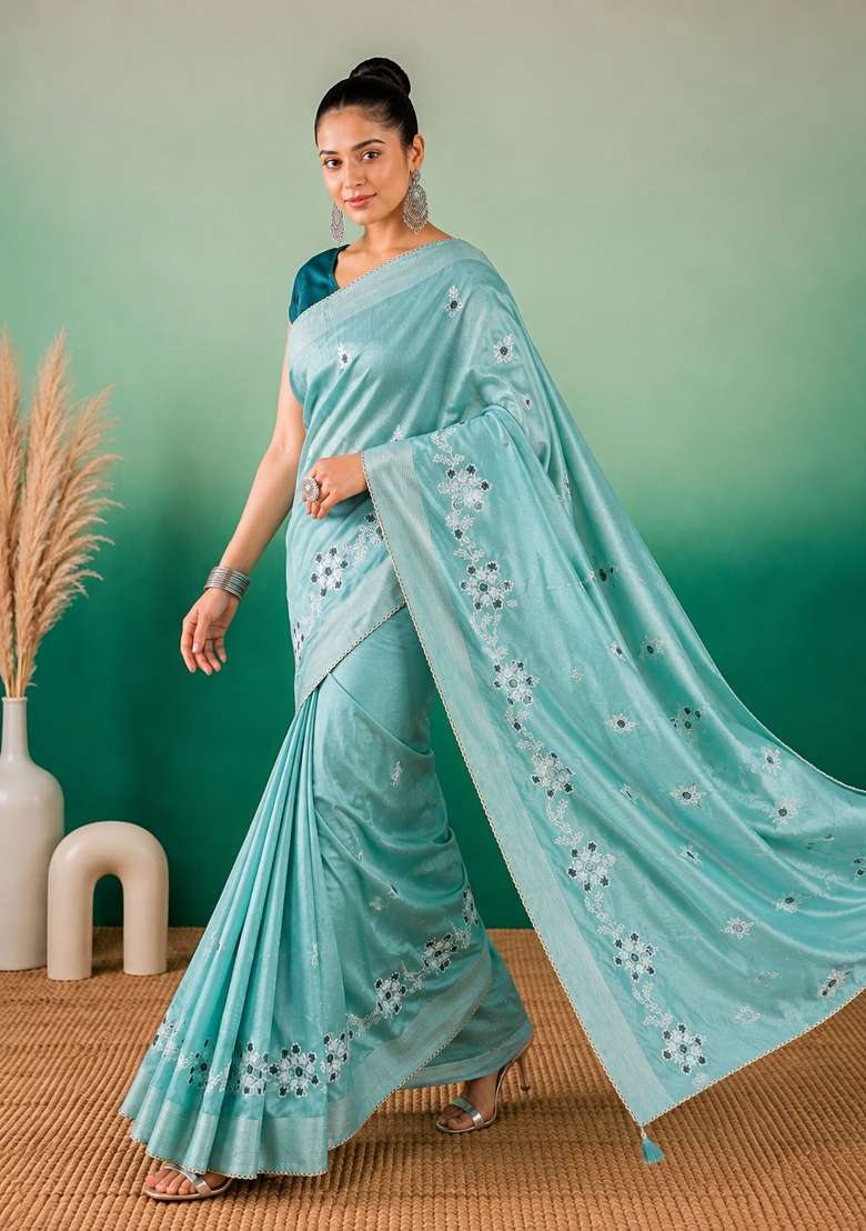 Aqua Blue Embroidered Cotton Saree Set - Indya