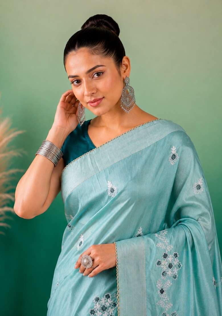 Aqua Blue Embroidered Cotton Saree Set - Indya