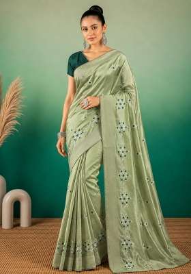 Green Cotton Saree Set with Embroidered for Diwali | Wedding & Festive Wear