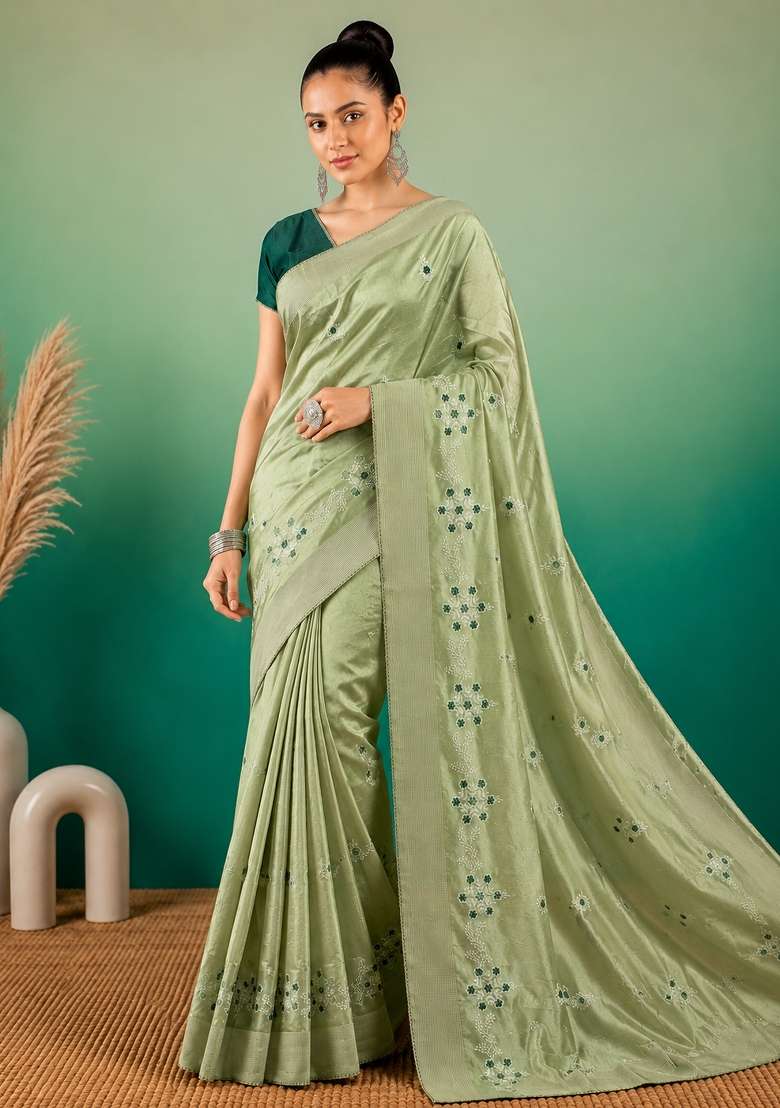Green Cotton Saree Set with Embroidered for Diwali | Wedding & Festive Wear - Indya