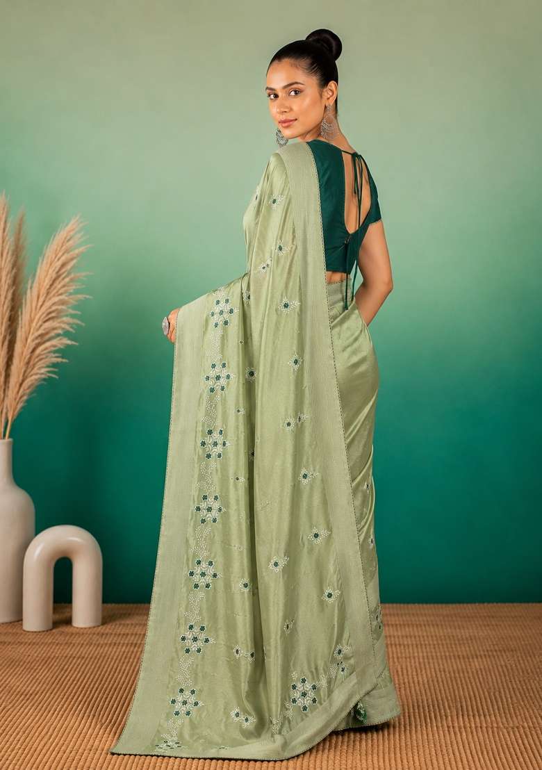 Green Cotton Saree Set with Embroidered for Diwali | Wedding & Festive Wear - Indya