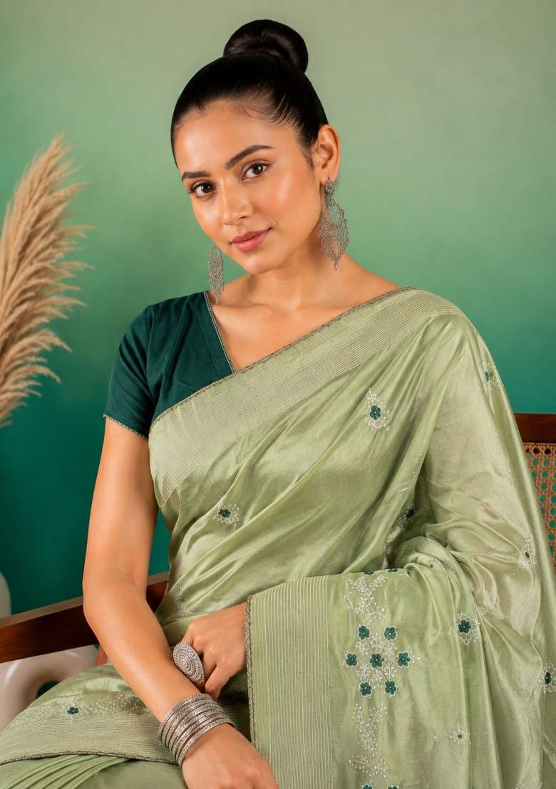 Green Cotton Saree Set with Embroidered for Diwali | Wedding & Festive Wear - Indya