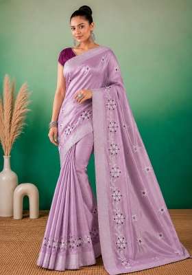 Lavender Cotton Saree Set with Embroidered for Diwali | Wedding & Festive Wear