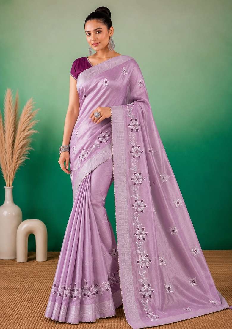 Lavender Cotton Saree Set with Embroidered for Diwali | Wedding & Festive Wear - Indya