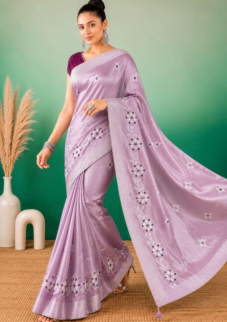 Lavender Cotton Saree Set with Embroidered for Diwali | Wedding & Festive Wear - Indya