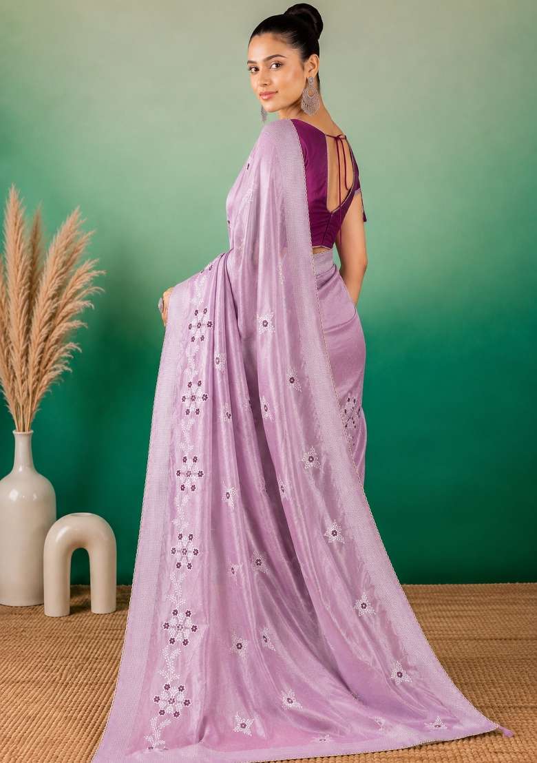Lavender Cotton Saree Set with Embroidered for Diwali | Wedding & Festive Wear - Indya