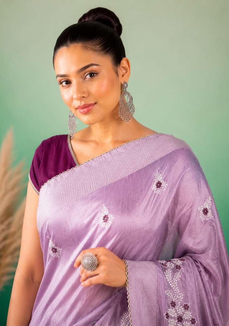 Lavender Cotton Saree Set with Embroidered for Diwali | Wedding & Festive Wear - Indya