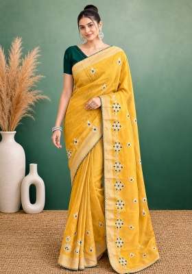 Yellow Embroidered Cotton Saree Set for Diwali and Festive Wear