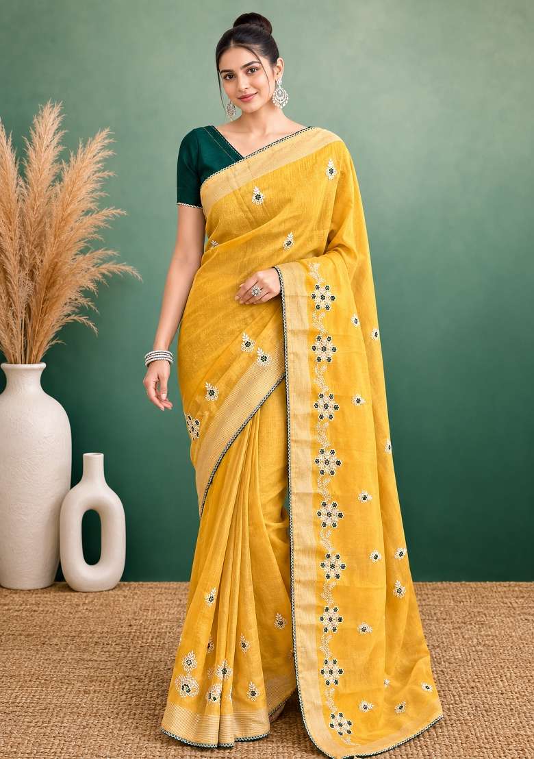 Yellow Embroidered Cotton Saree Set for Diwali and Festive Wear - Indya