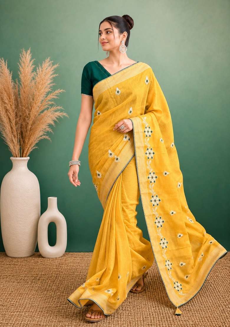 Yellow Embroidered Cotton Saree Set for Diwali and Festive Wear - Indya