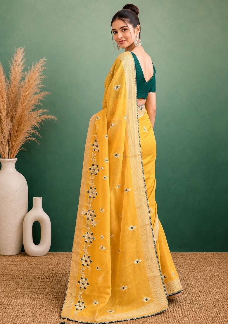 Yellow Embroidered Cotton Saree Set for Diwali and Festive Wear - Indya