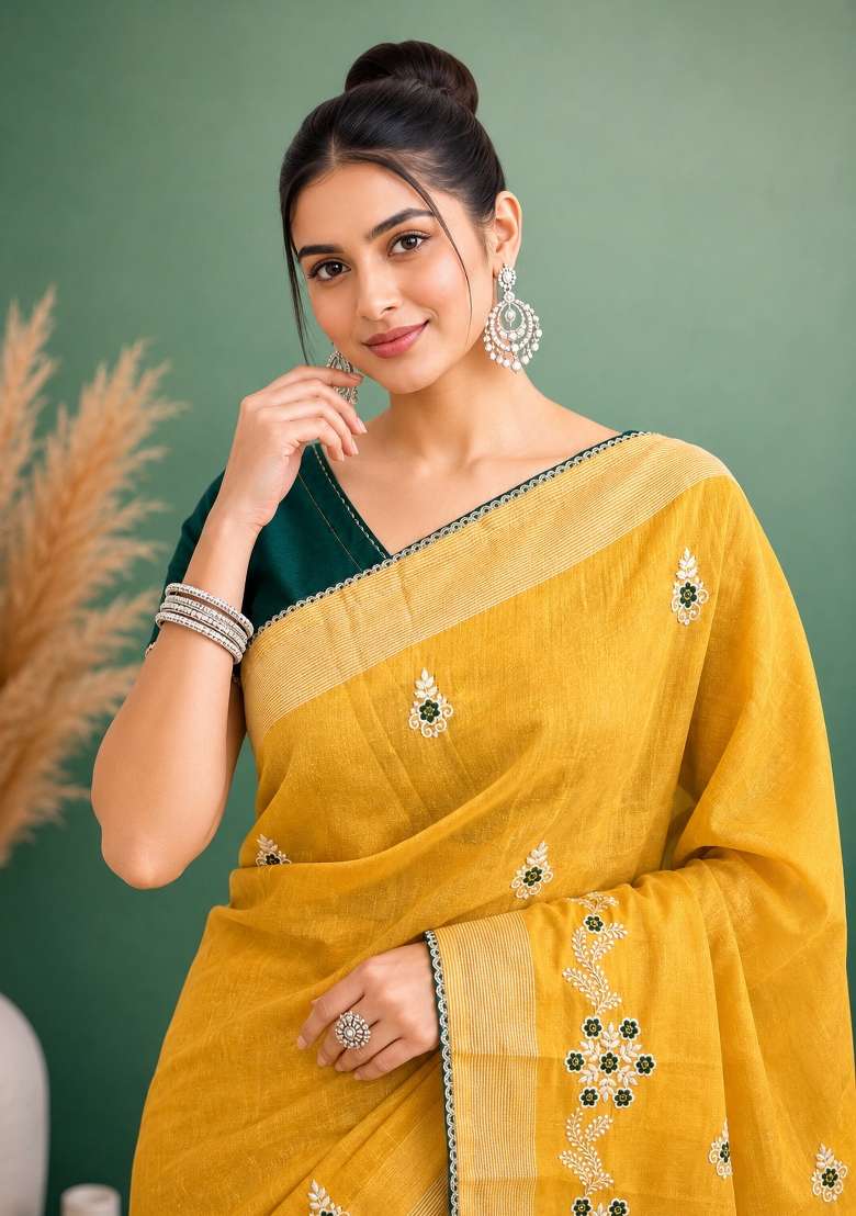 Yellow Embroidered Cotton Saree Set for Diwali and Festive Wear - Indya