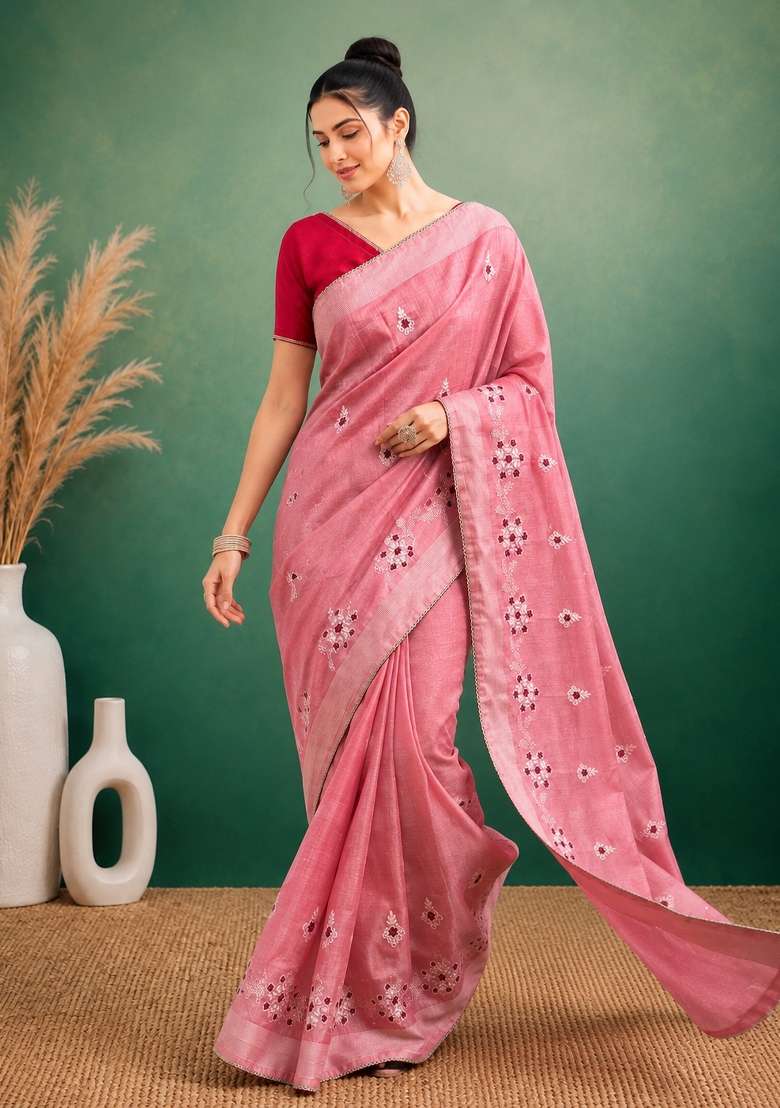 Pink Embroidered Cotton Saree Set - Indya