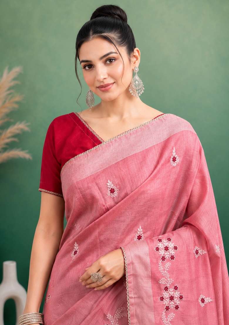 Pink Embroidered Cotton Saree Set - Indya