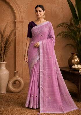 Pink Embroidered Linen Saree Set for Diwali and Festive Wear