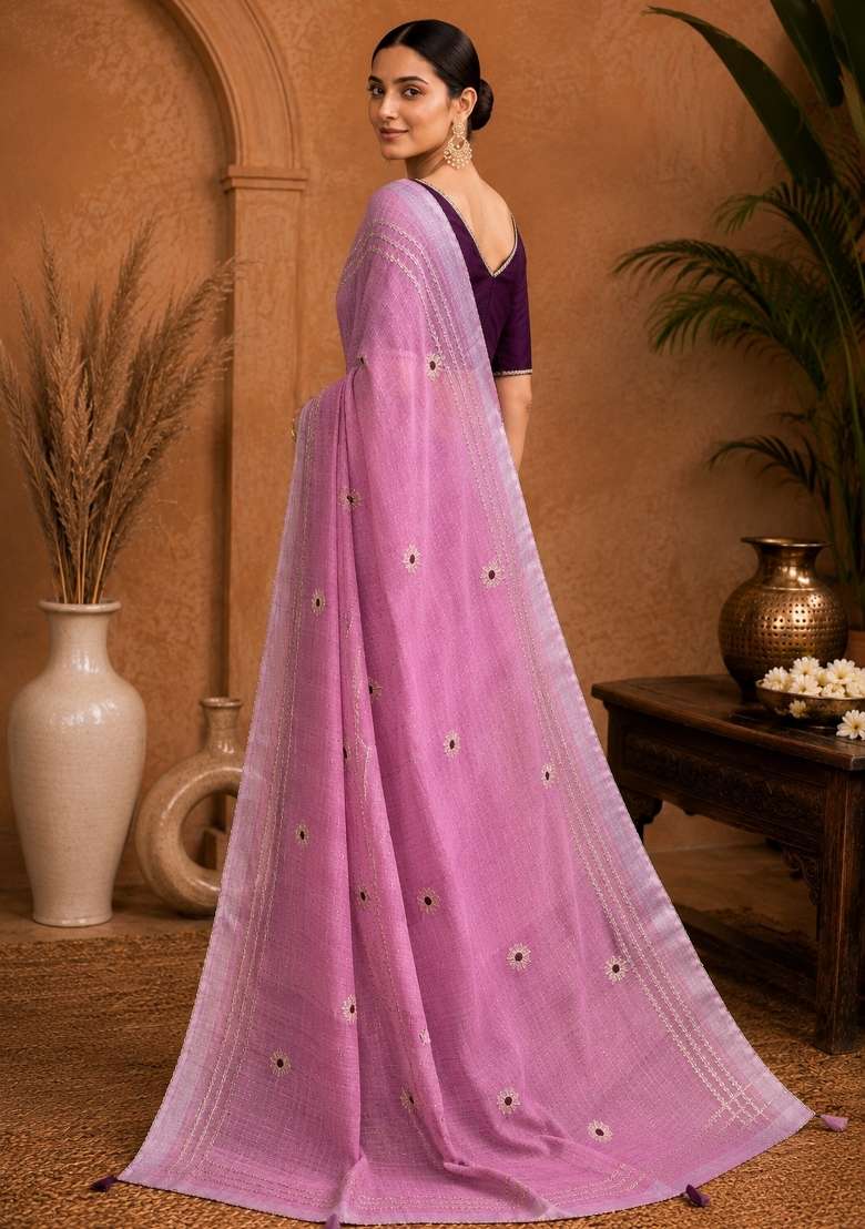 Pink Embroidered Linen Saree Set - Indya