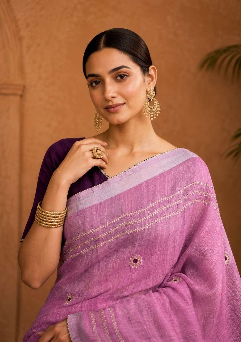 Pink Embroidered Linen Saree Set for Diwali and Festive Wear - Indya