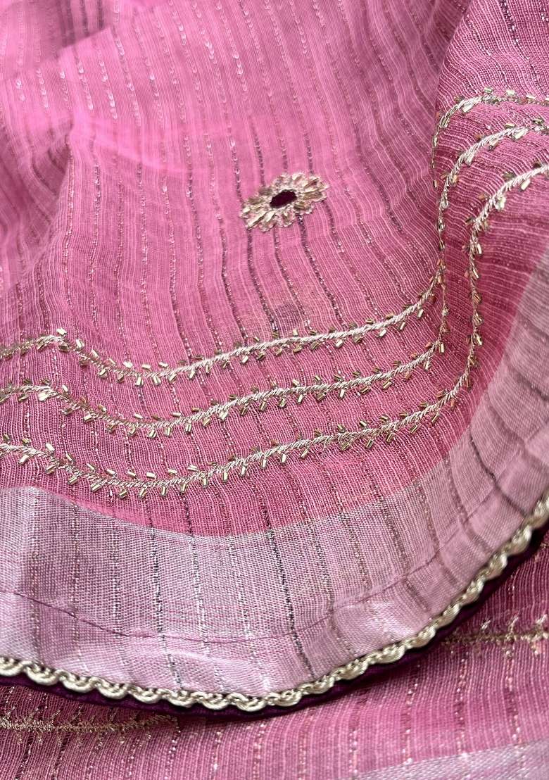 Pink Embroidered Linen Saree Set - Indya