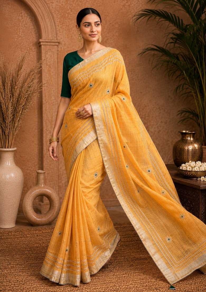 Yellow Embroidered Linen Saree Set - Indya