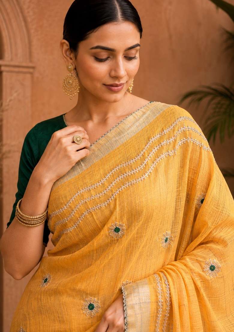 Yellow Embroidered Linen Saree Set - Indya
