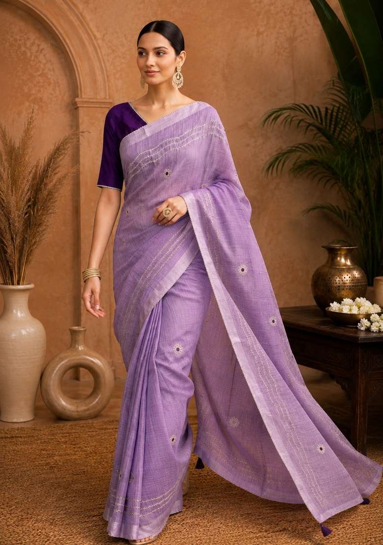Lavender Embroidered Linen Saree Set - Indya
