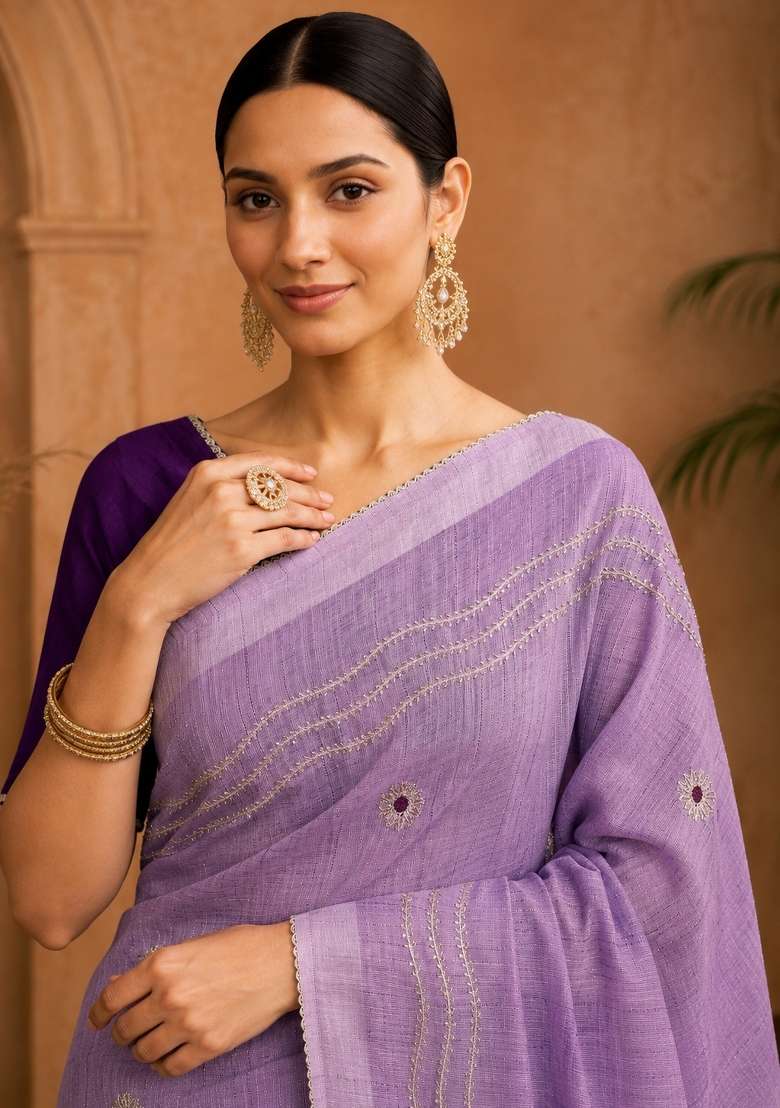 Lavender Embroidered Linen Saree Set - Indya