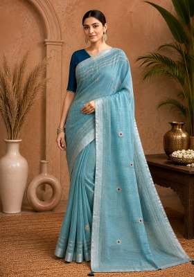 Sky Blue Linen Saree Set with Embroidered for Diwali | Wedding & Festive Wear