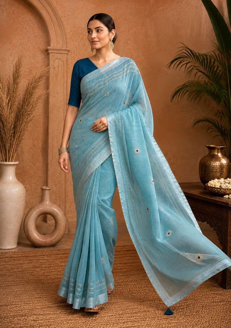 Sky Blue Linen Saree Set with Embroidered for Diwali | Wedding & Festive Wear - Indya