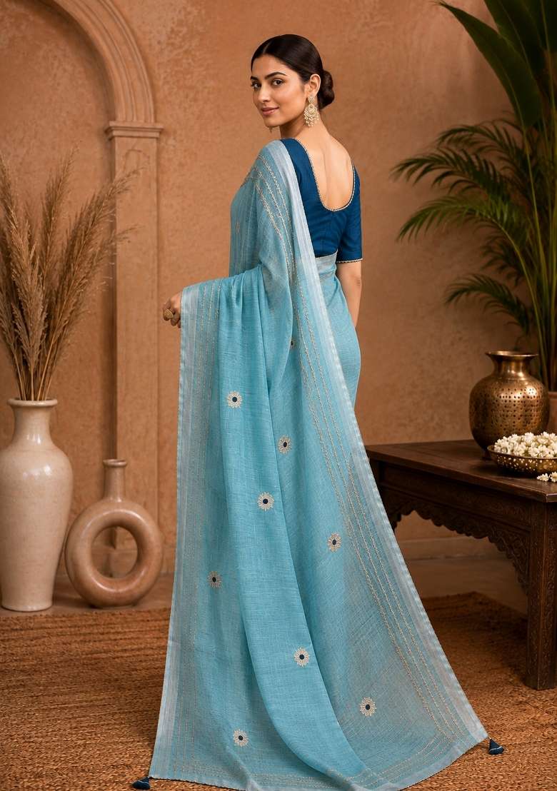 Sky Blue Linen Saree Set with Embroidered for Diwali | Wedding & Festive Wear - Indya