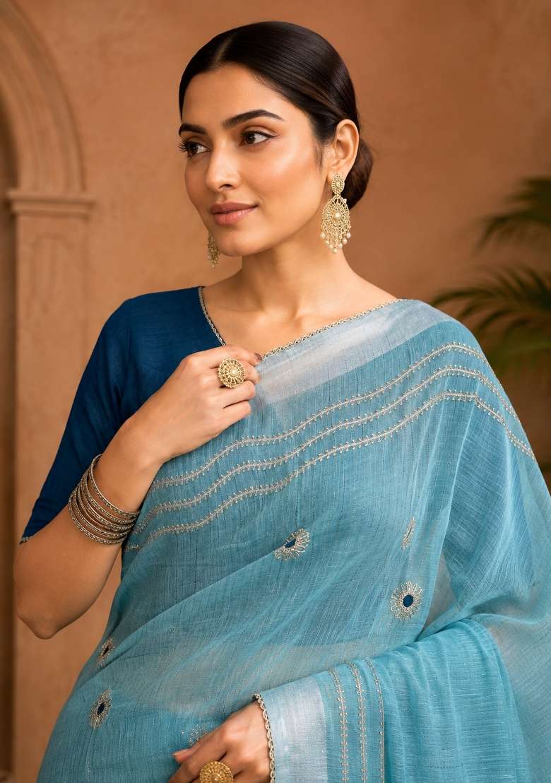 Sky Blue Linen Saree Set with Embroidered for Diwali | Wedding & Festive Wear - Indya