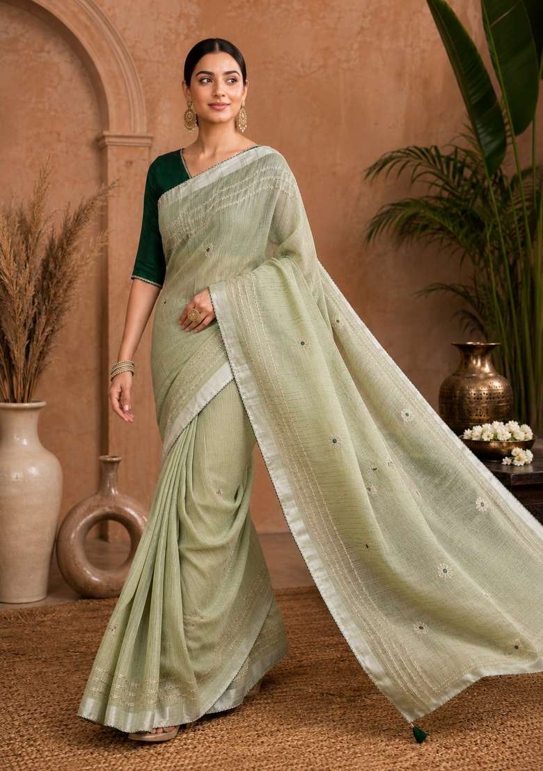 Pista Green Embroidered Linen Saree Set - Indya