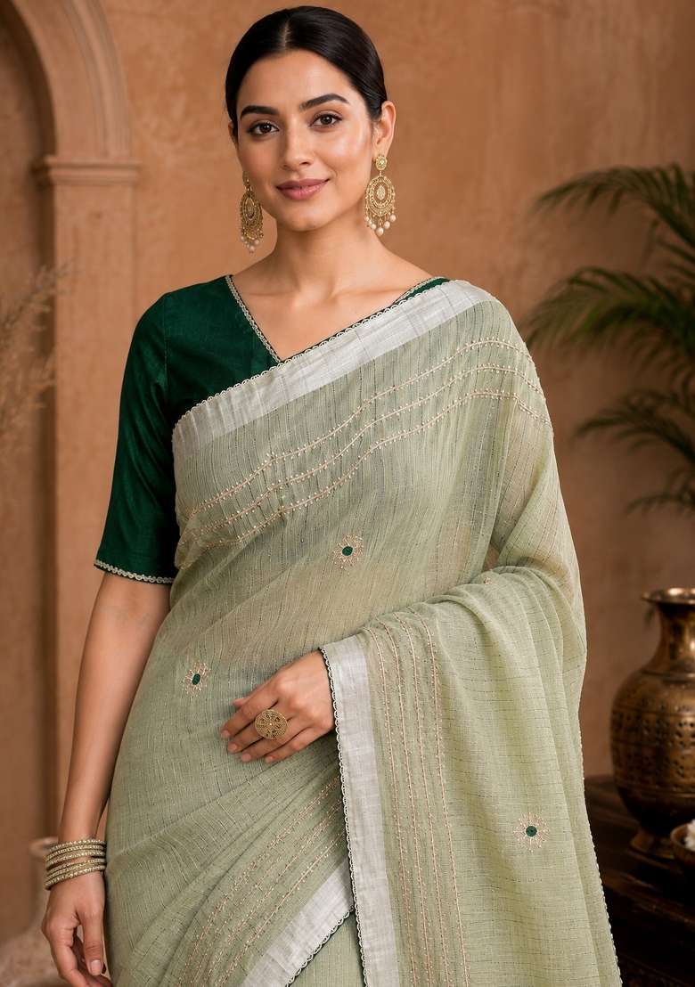 Pista Green Embroidered Linen Saree Set - Indya
