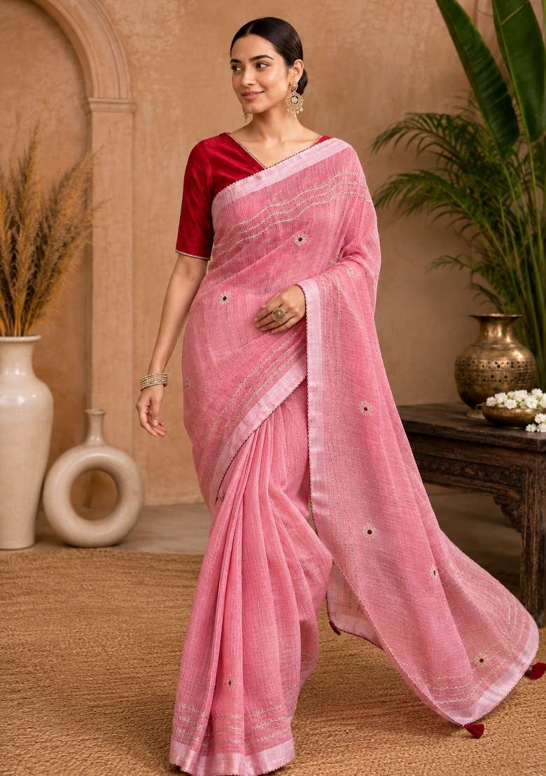 Peach Embroidered Linen Saree Set - Indya
