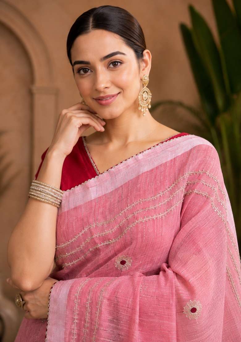 Peach Embroidered Linen Saree Set - Indya