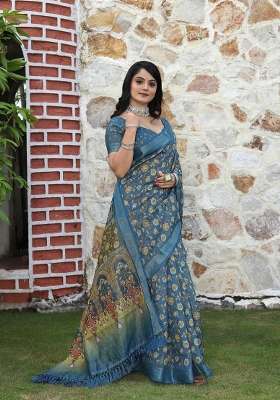 Teal Cotton Saree Set with Floral Print for Diwali | Wedding & Festive Wear