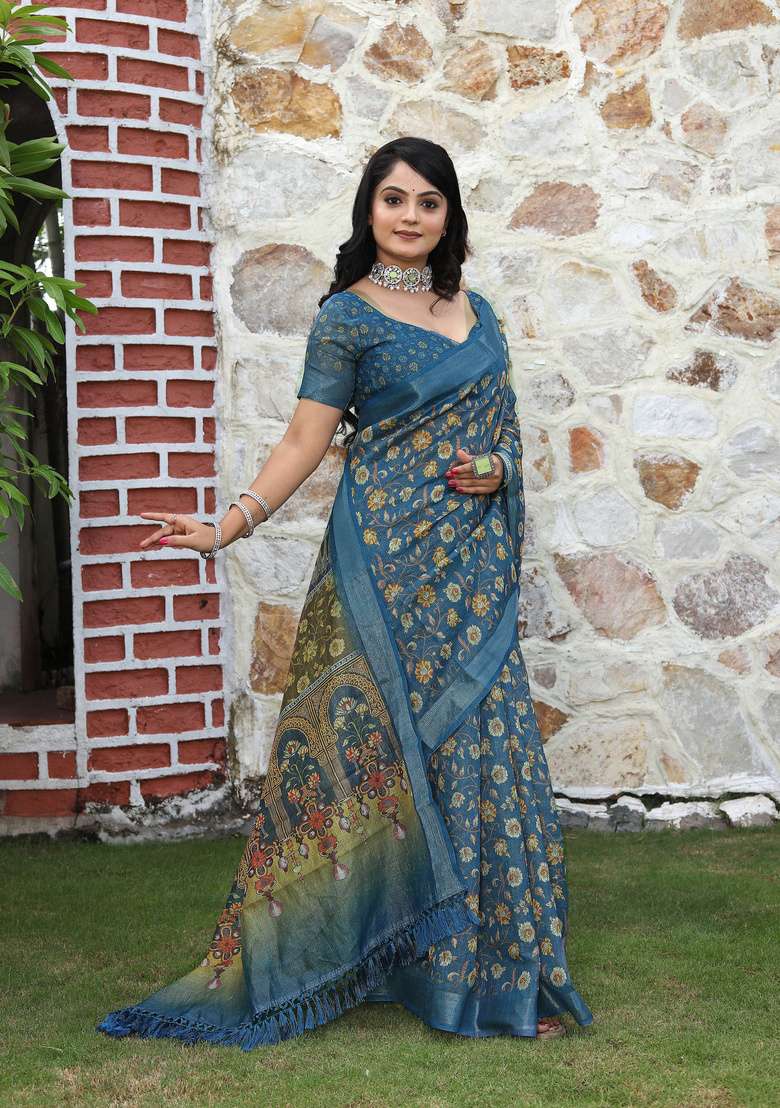 Teal Cotton Saree Set with Floral Print for Diwali | Wedding & Festive Wear - Indya