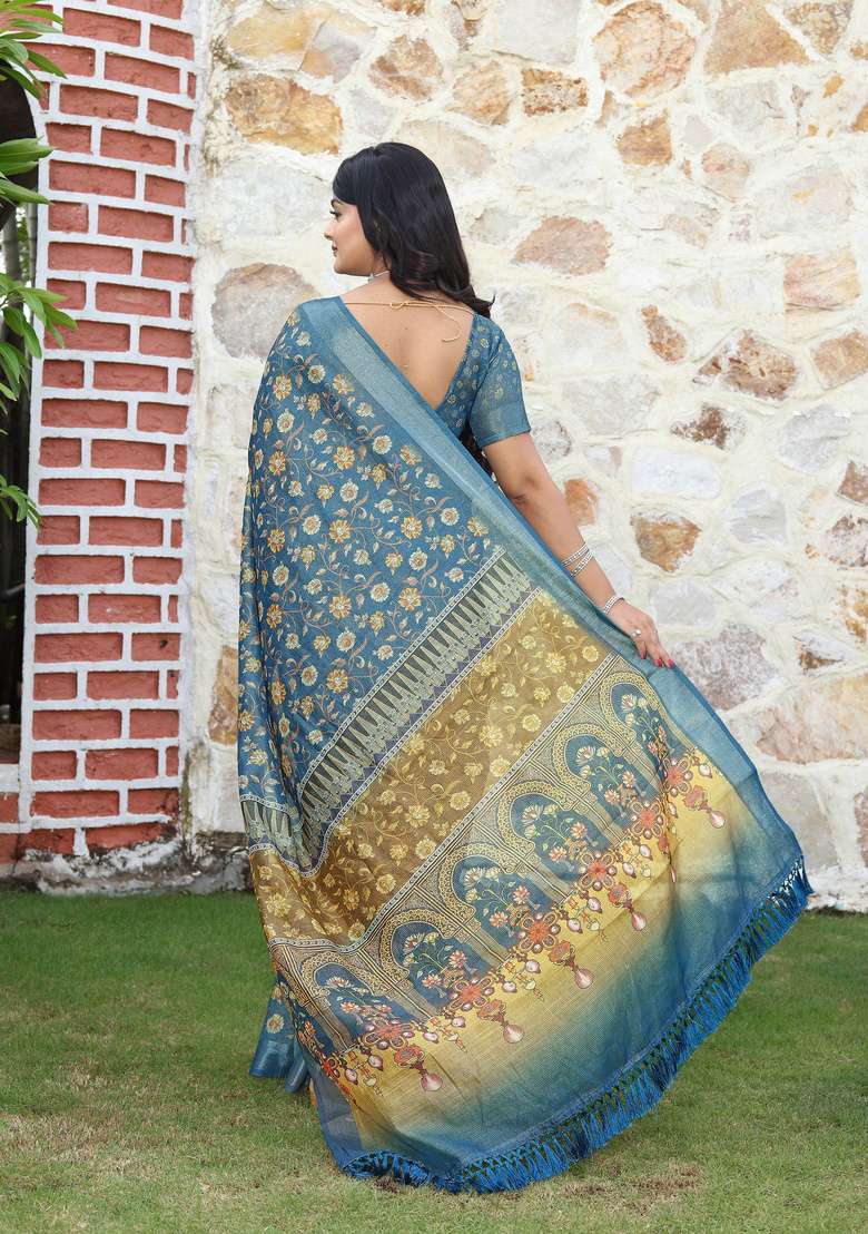 Teal Cotton Saree Set with Floral Print for Diwali | Wedding & Festive Wear - Indya