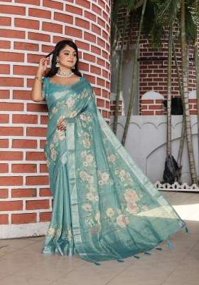 Sea Green Floral Print Cotton Saree Set for Diwali and Festive Wear