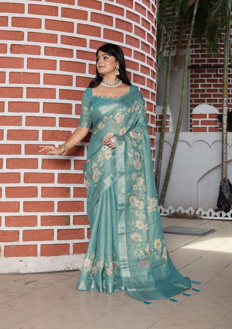 Sea Green Floral Print Cotton Saree Set for Diwali and Festive Wear - Indya
